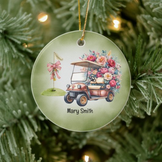 Golf Cart mit Golf Flag Keramik Ornament (Baum)