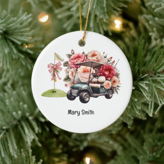 Golf Cart mit Golf Flag Keramik Ornament (Baum)