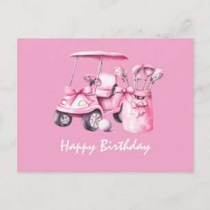 Golf Cart mit Happy Birthday Frau Golfer PINK Postkarte