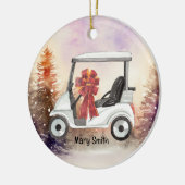 Golf Cart mit rotem Bändchen Keramik Ornament (Links)