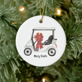 Golf Cart mit rotem Bändchen Keramik Ornament