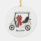 Golf Cart mit rotem Bändchen Keramik Ornament (Vorne)