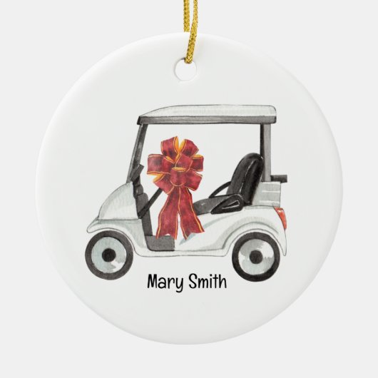 Golf Cart mit rotem Bändchen Keramik Ornament (Vorne)