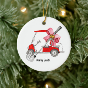 Golf Cart mit rotem Bändchen Keramik Ornament