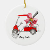 Golf Cart mit rotem Bändchen Keramik Ornament (Vorne)