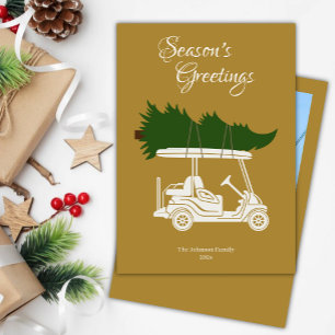 Golf Cart mit Weihnachtsbaum ・ Gold Foto Feiertagskarte
