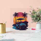 Golf Cart Palm Trees Sunset Vintages Set Acrylschild (Hochzeit)