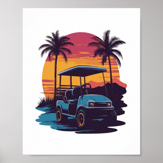 Golf Cart Palm Trees Sunset Vintages Set Poster (Vorne)
