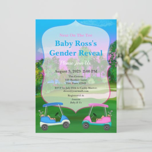 Golf Carts on Course Gender Reveal Baby Shower Einladung (Stehend Vorderseite)