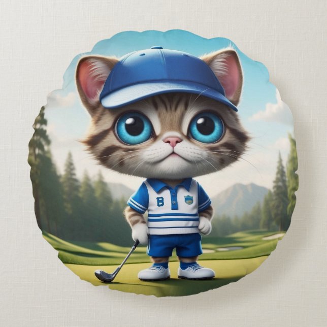 Golf Cat Rundes Kissen (Vorderseite)