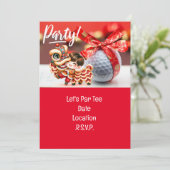 Golf Chinesisches Neujahr mit Ball und rotem Band Einladung (Stehend Vorderseite)