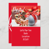 Golf Chinesisches Neujahr mit Ball und rotem Band Einladung (Vorne/Hinten)