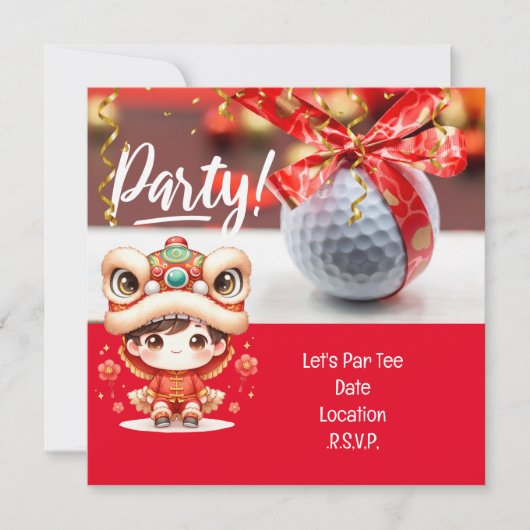 Golf Chinesisches Neujahr mit Ball und rotem Band Save The Date (Vorderseite)