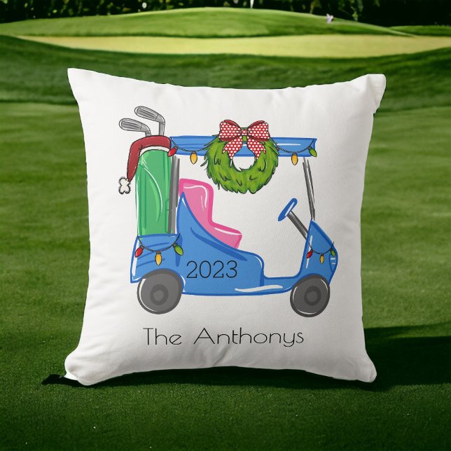 Golf Christmas Blue Golf Cart Personalisiert Prepp Kissen (Von Creator hochgeladen)
