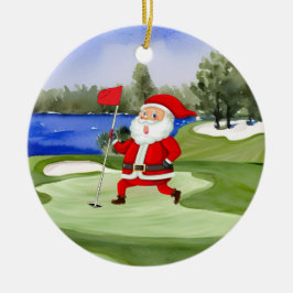 Golf Christmas Weihnachtsmann hat grüne Flagge Keramik Ornament