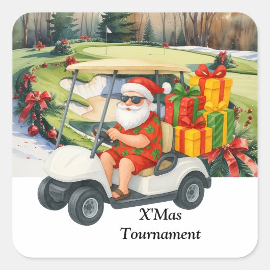 Golf Christmas with Santa Claus on Green Quadratischer Aufkleber (Vorderseite)