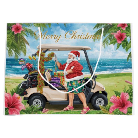 Golf Christmas with Santa  his golf cart tropical  Große Geschenktüte (Vorderseite)