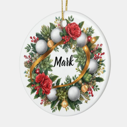 Golf Christmas Wreath with Golfer Name Keramik Ornament (Links)