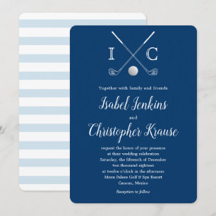 Golf Clubs Blue Monogram Stripe Hochzeit Einladung