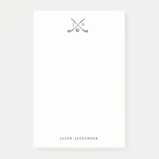 Golf Clubs und Ball mit Initialen Flat Post-it Klebezettel (Vorderseite)