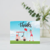 Golf Danke Karte mit Frau Golfer auf grün (Stehend Vorderseite)