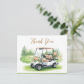 Golf Danke mit Golfwagen und Blumen Postkarte (Stehend Vorderseite)