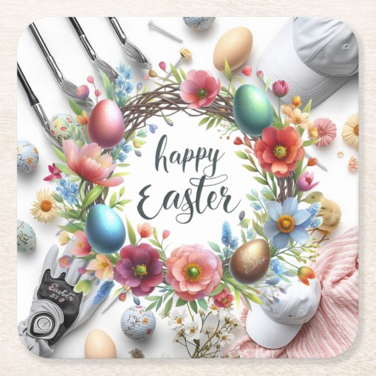 Golf Easter eggs balls and flower and equipment Rechteckiger Pappuntersetzer (Vorderseite)