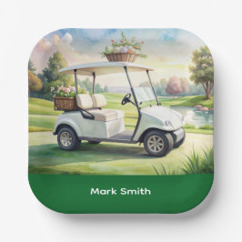 Golf Easter holiday with golf cart and easter eggs Pappteller