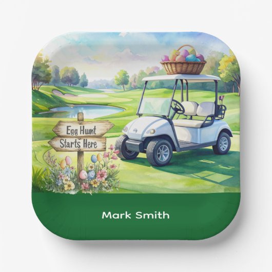 Golf Easter holiday with golf cart and easter eggs Pappteller (Vorderseite)