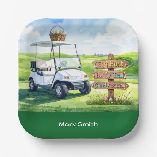 Golf Easter holiday with golf cart and easter eggs Pappteller (Vorderseite)