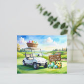 Golf easter holiday with golf cart and easter eggs postkarte (Stehend Vorderseite)