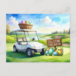 Golf easter holiday with golf cart and easter eggs postkarte