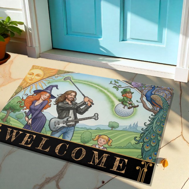 Golf Family mit Rockstar, Leprechaun / Art Fußmatte (Modern Golf Family House Doormat)