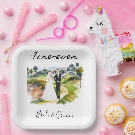 Golf Fore Ever mit Braut und Groom Wedding Pappteller (Party)