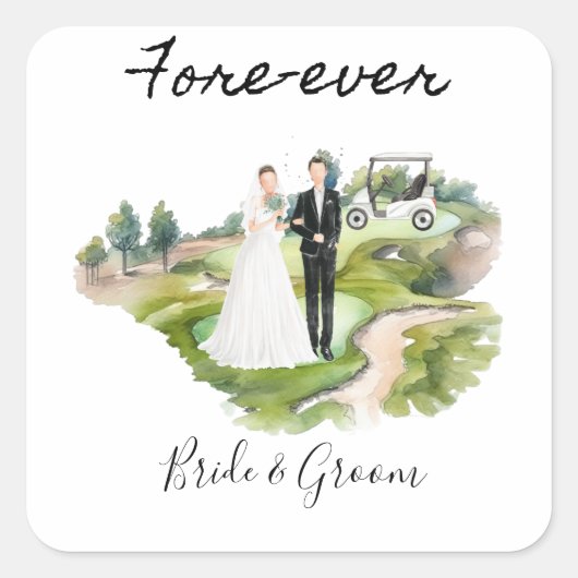 Golf Fore Ever mit Braut und Groom Wedding Quadratischer Aufkleber (Vorderseite)