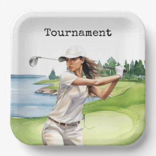 Golf-Frau auf dem Golfplatz Pappteller