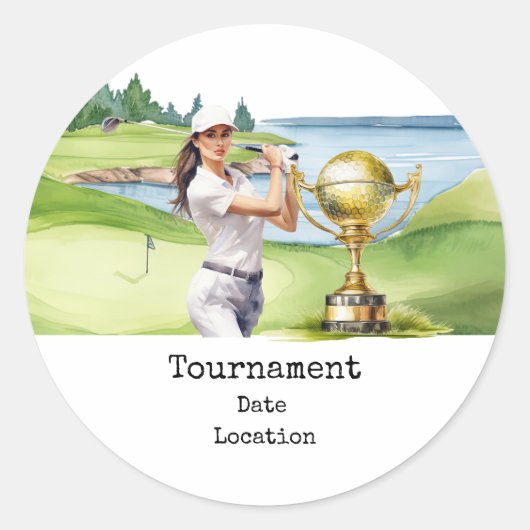 Golf-Frau auf dem Golfplatz Runder Aufkleber (Vorderseite)