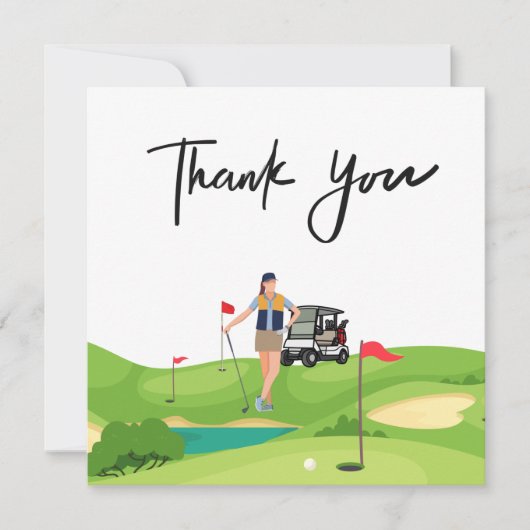 Golf Frau Dankeschön Karte mit Golfwagen auf Grün (Vorderseite)