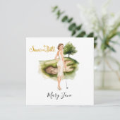 Golf Frau Golferin auf dem Golfplatz Braut-  Save The Date (Stehend Vorderseite)