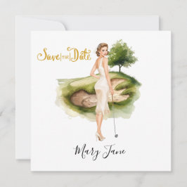 Golf Frau Golferin auf dem Golfplatz Braut-  Save The Date