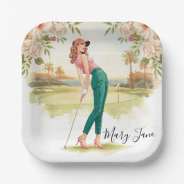 Golf Frau Golferin auf dem Golfplatz Pappteller