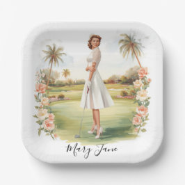 Golf-Frau Golferin auf Golfplatz Braut-  Pappteller