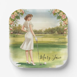 Golf-Frau Golfspielerin auf dem Golfplatz Braut-  Pappteller