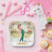 Golf Frau Golfspielerin auf dem Golfplatz Pappteller (Party)