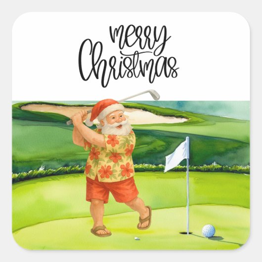 Golf Frohe Weihnachten mit dem Weihnachtsmann unte Quadratischer Aufkleber (Vorderseite)