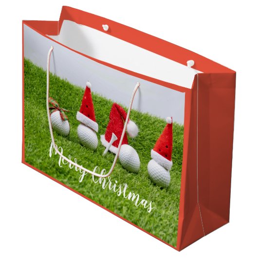Golf Frohe Weihnachten mit Golfball und Weihnachts Große Geschenktüte (Vorderseite Schrägansicht)