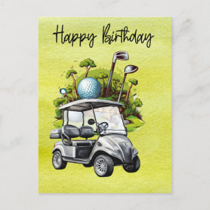 Golf Geburtstag mit Golfcart   Aquarell Postkarte