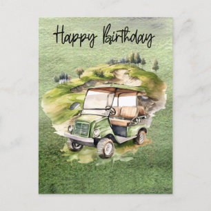 Golf Geburtstag mit Golfcart   Aquarell Postkarte