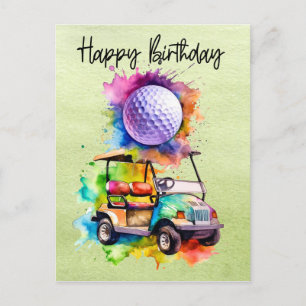 Golf Geburtstag mit Golfcart   Aquarell Postkarte