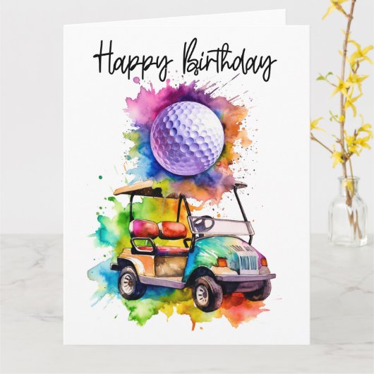 Golf Geburtstag mit Golfwagen Aquarell Karte (Gelbe Blume)
